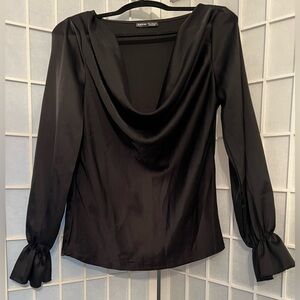 SHEIN Black Satin Cowl Neck Drape Neck Long Sleeve Blouse Top